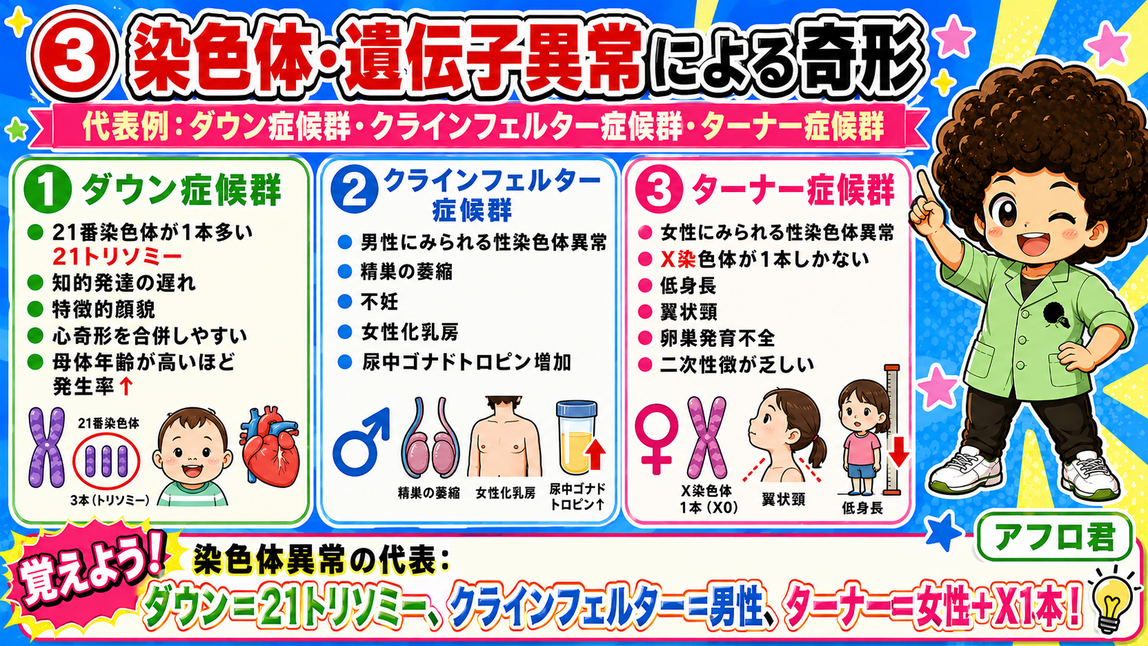 ダウン＝21トリソミー、クラインフェルター＝男性、ターナー＝女性でX1本