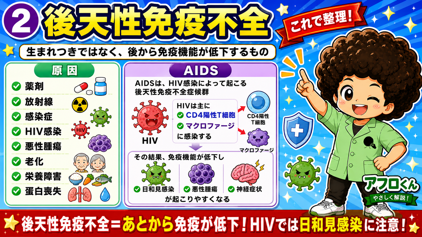 後天性免疫不全の原因とAIDS（HIVの標的細胞）