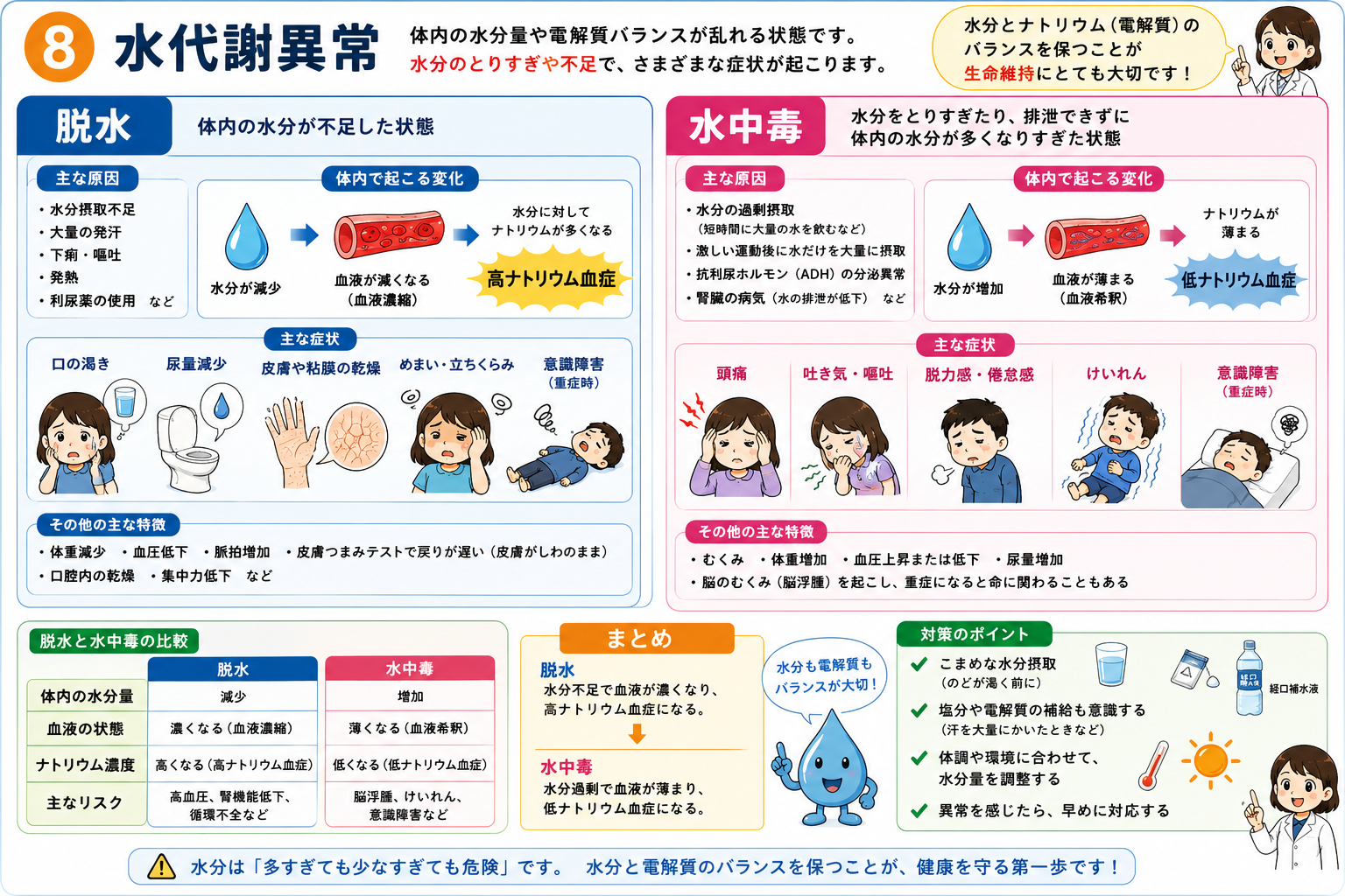 脱水は高ナトリウム血症、水中毒は低ナトリウム血症。水分と電解質のバランスも外因の一部