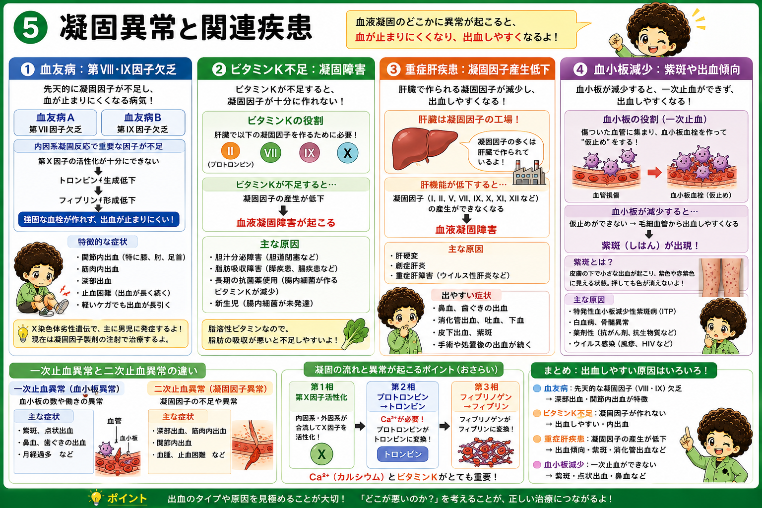 凝固異常と関連疾患（血友病・ビタミンK不足・重症肝疾患・血小板減少）