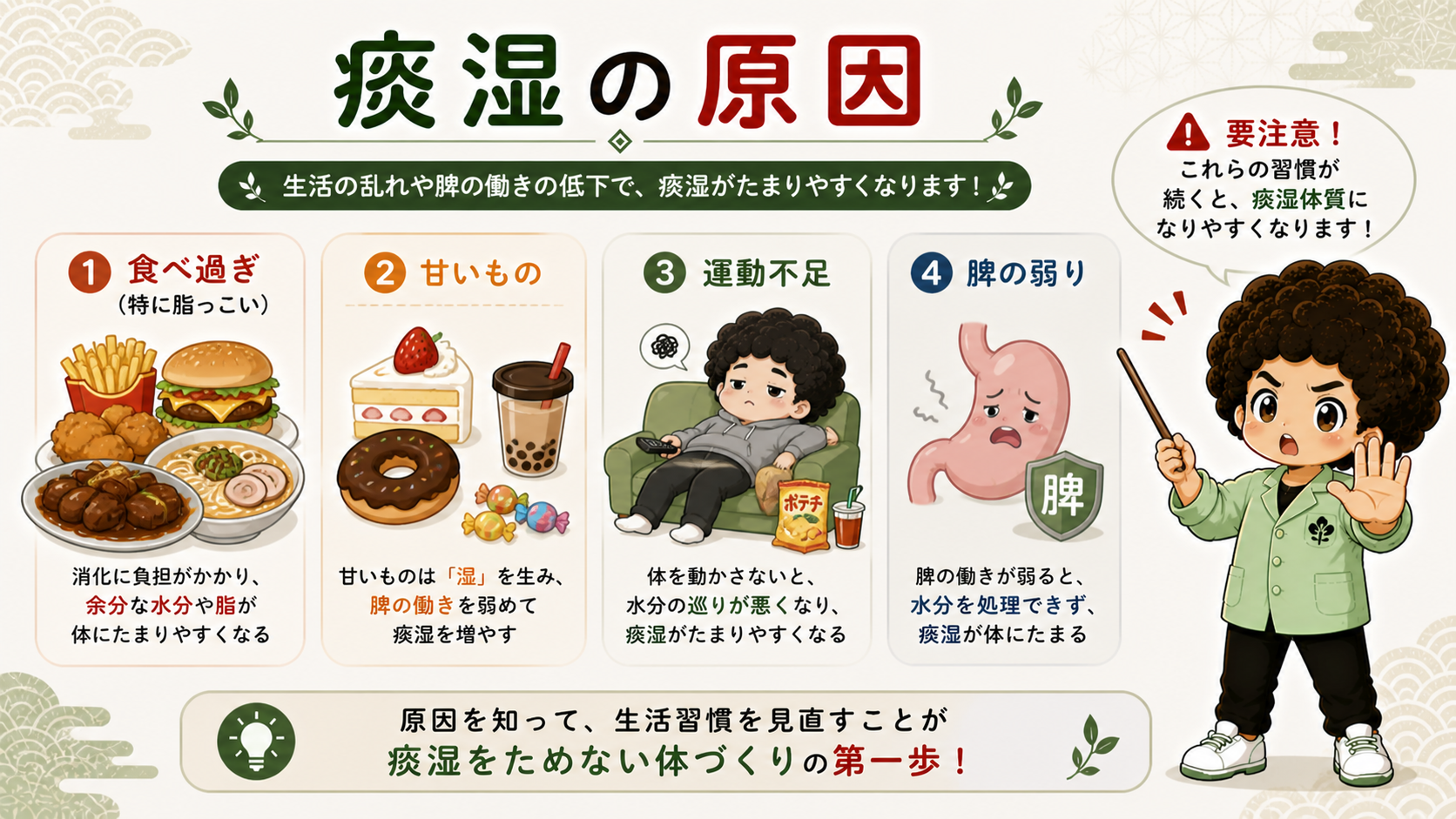 痰湿の4大原因：食べ過ぎ・甘いもの・運動不足・脾の弱り