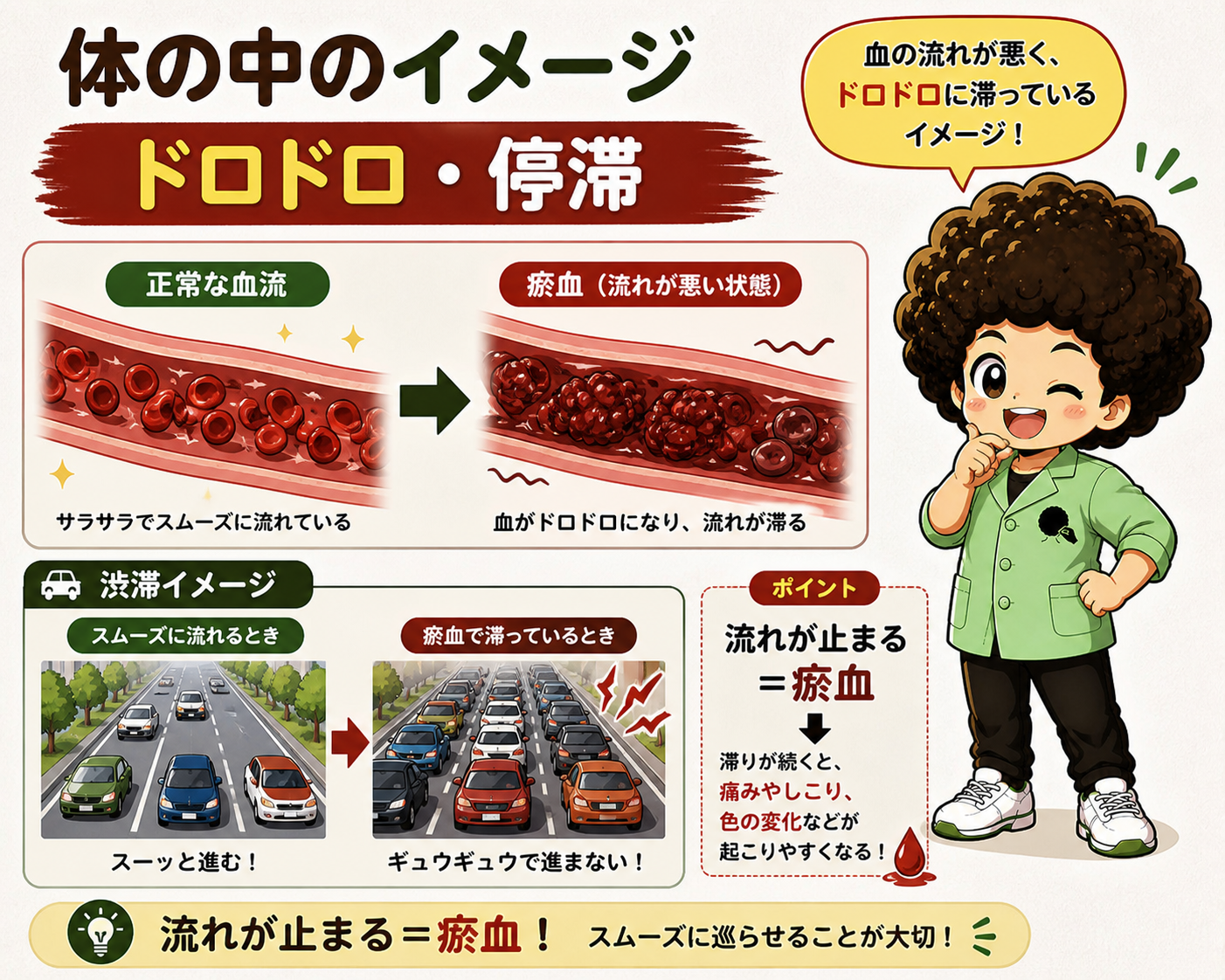 瘀血の体の中のイメージ。血流の停滞を道路の渋滞にたとえて理解する