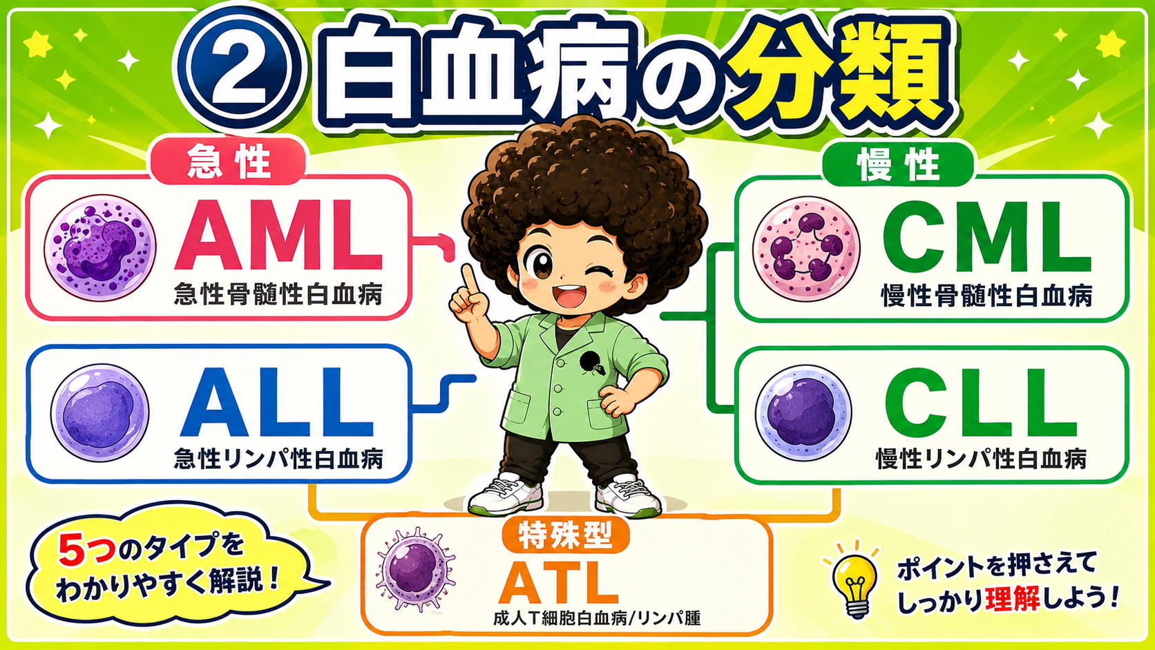 急性（AML・ALL）、慢性（CML・CLL）、特殊型（ATL）の5タイプ