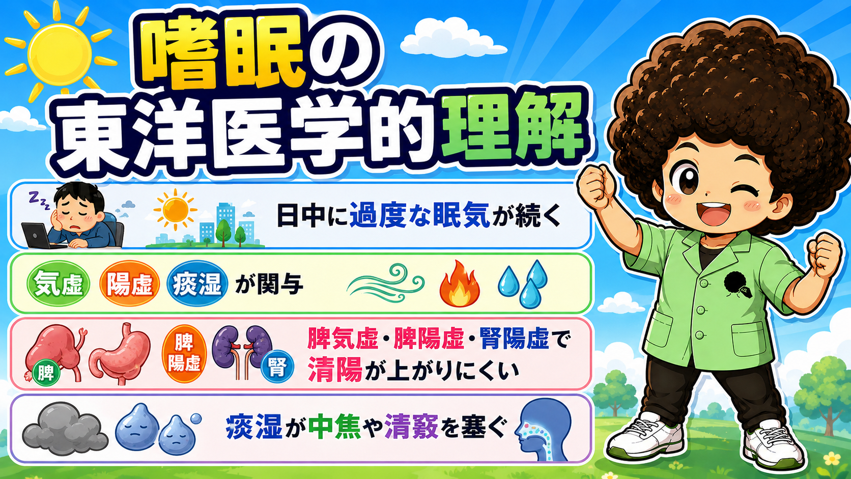 嗜眠は気虚・陽虚・痰湿が関与。清陽が上がらない、痰湿が中焦・清竅を塞ぐ