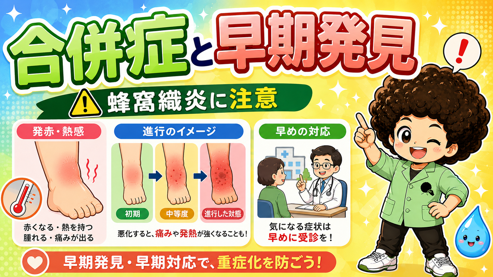 合併症は蜂窩織炎。発赤・熱感・腫れ・痛み → 早めの受診
