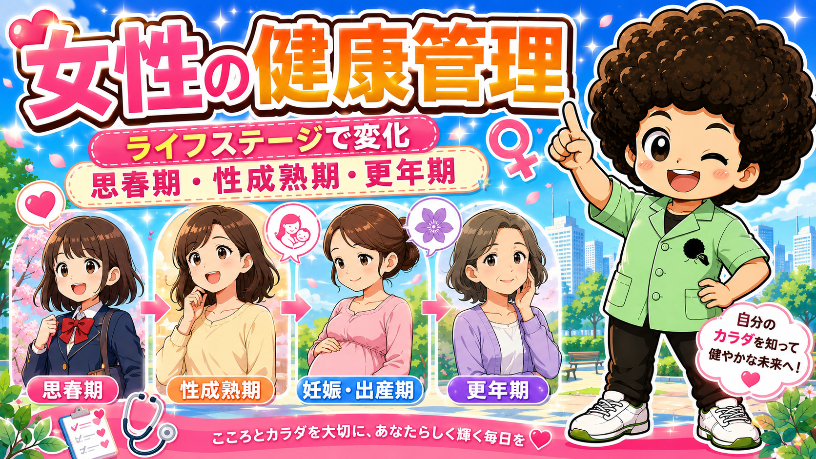 女性の健康管理はライフステージで変化する（思春期・性成熟期・更年期）