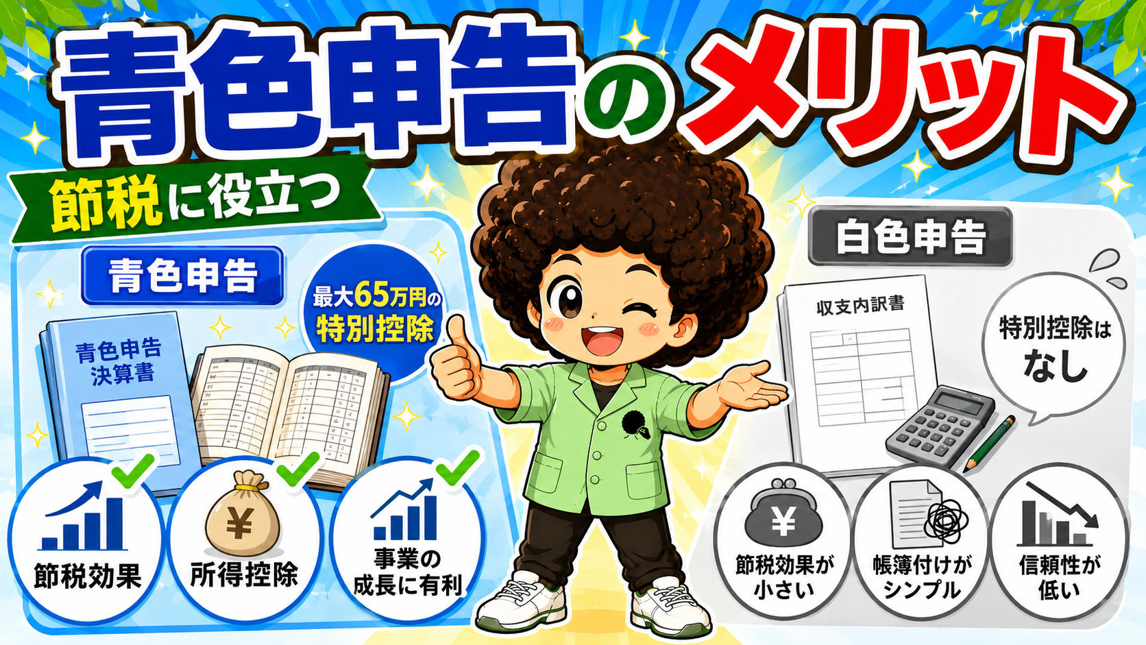 青色申告は最大65万円の特別控除、白色申告は特別控除なし
