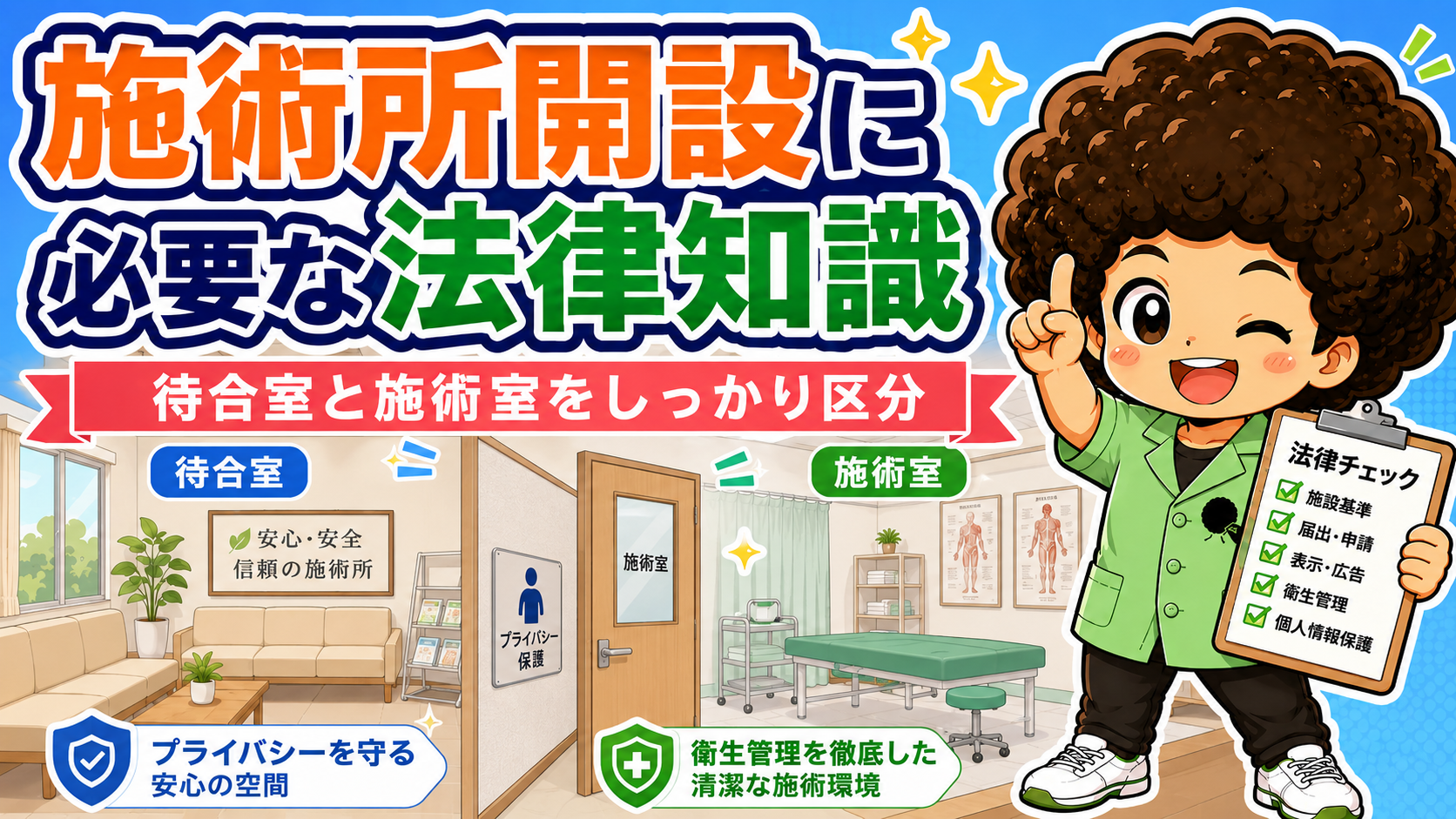 待合室と施術室をしっかり区分する。プライバシー保護と清潔な施術環境の両立
