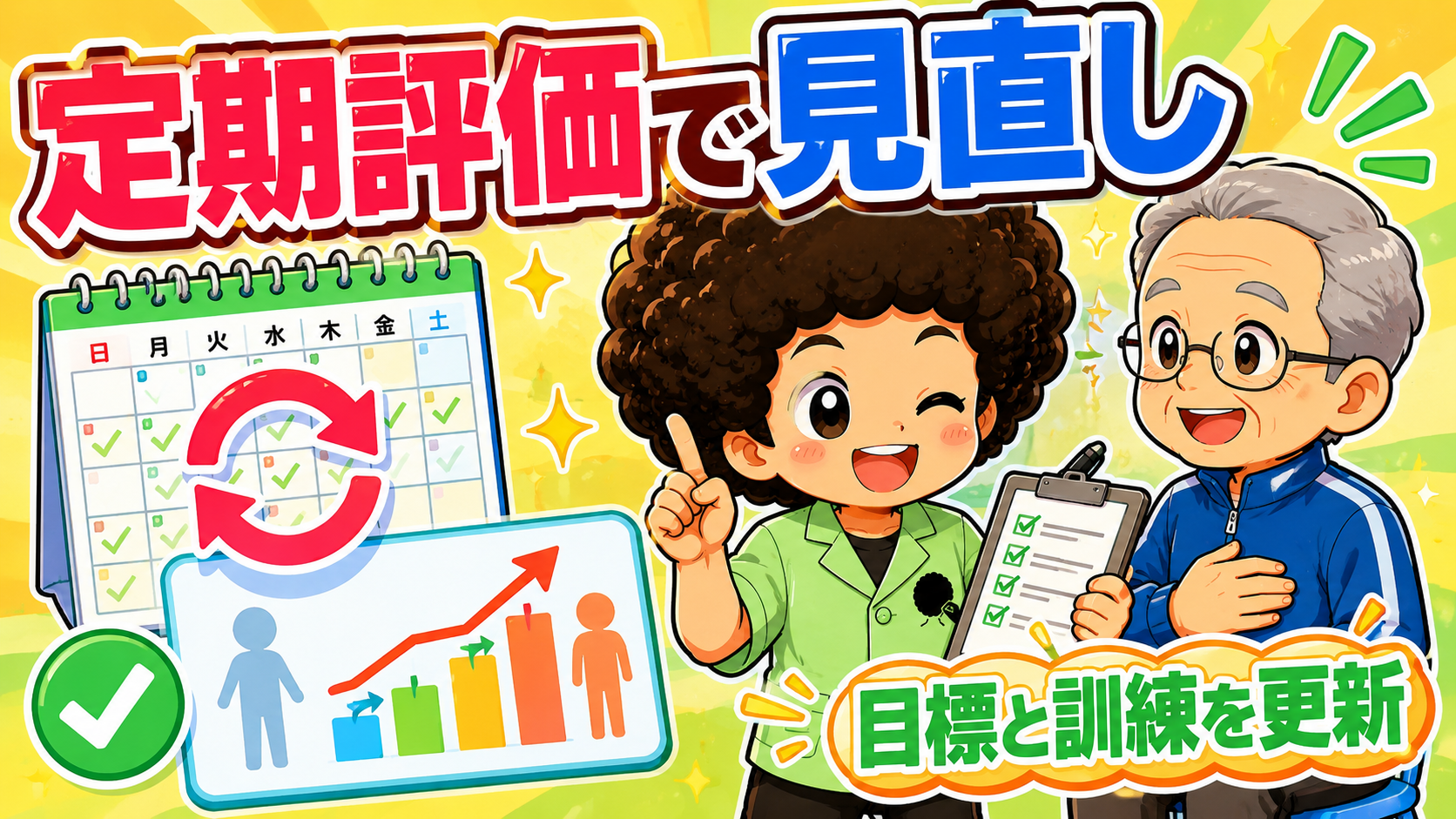 定期評価で目標と訓練を更新する。作りっぱなしにしない