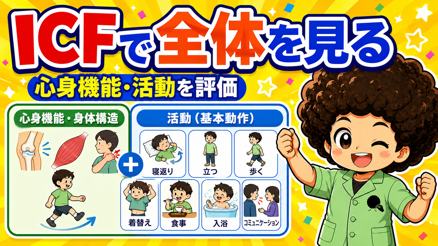 ICFで「心身機能・身体構造」＋「活動（基本動作）」を評価する