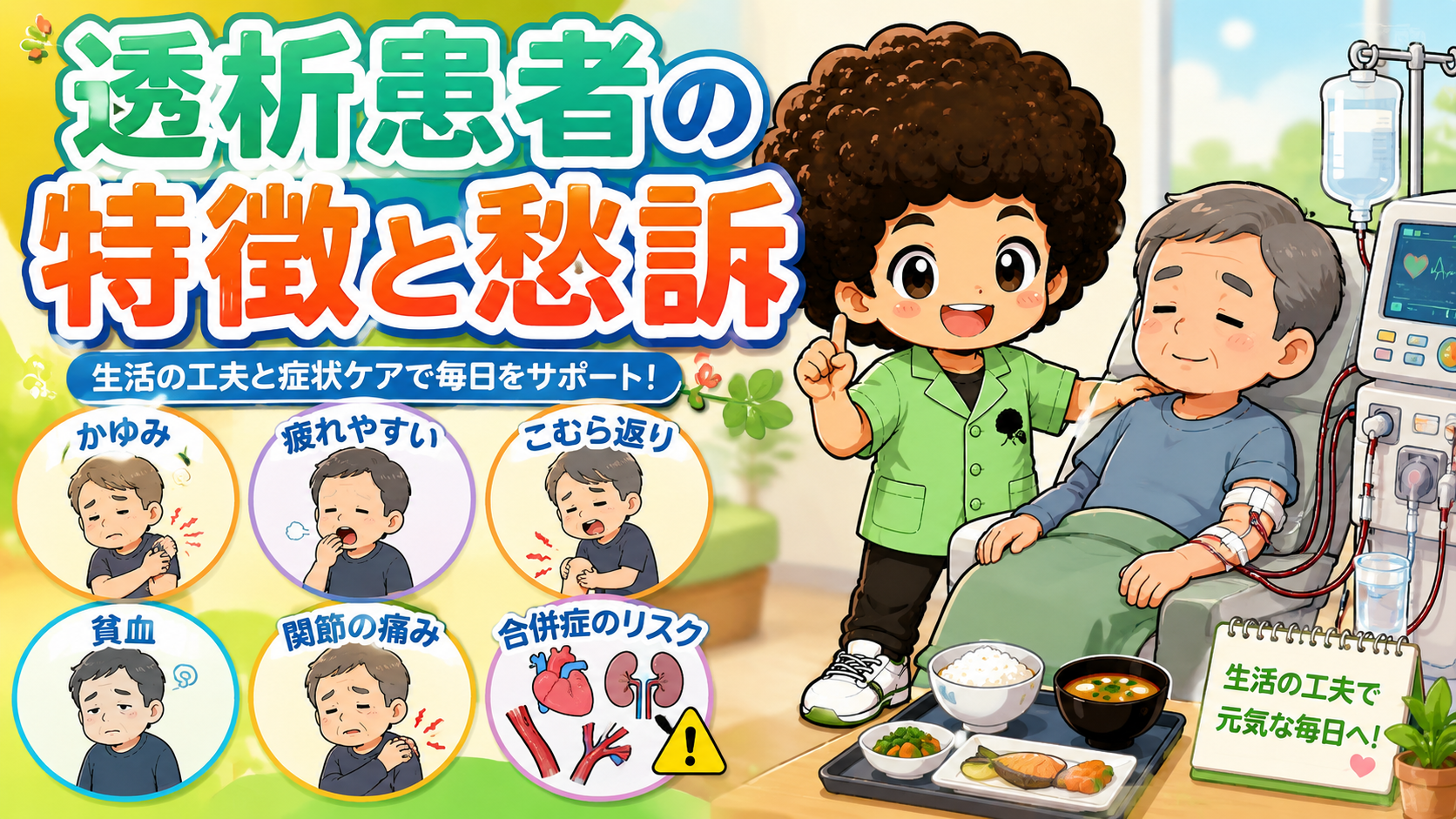 透析患者の特徴と愁訴：かゆみ・疲れやすい・こむら返り・貧血・関節の痛み・合併症のリスク