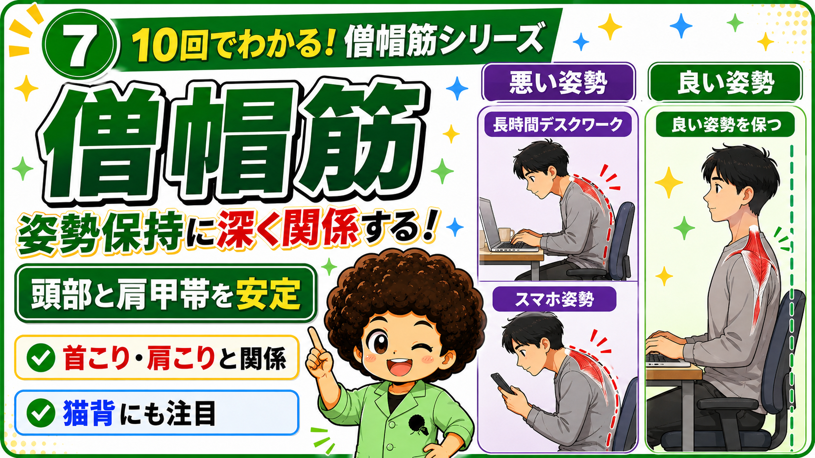 過緊張で肩こりを起こす僧帽筋と、機能低下で肩甲骨が不安定になる状態を比較した図