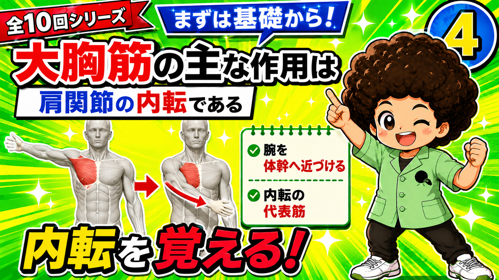 腕を体幹へ近づける内転動作の図