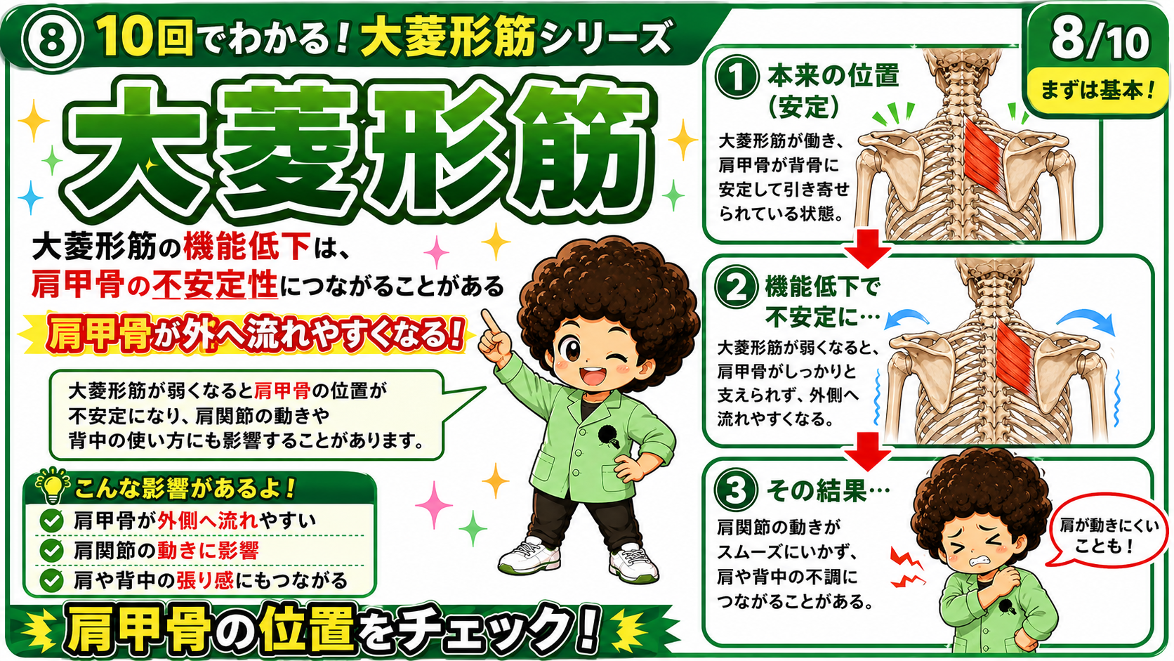 大菱形筋が働く安定した肩甲骨と、機能低下で外側へ流れて不安定になる状態を比較した図