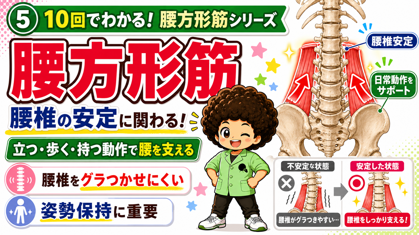 腰方形筋が働くと腰椎が安定し、働かないとグラつく状態を比較した図