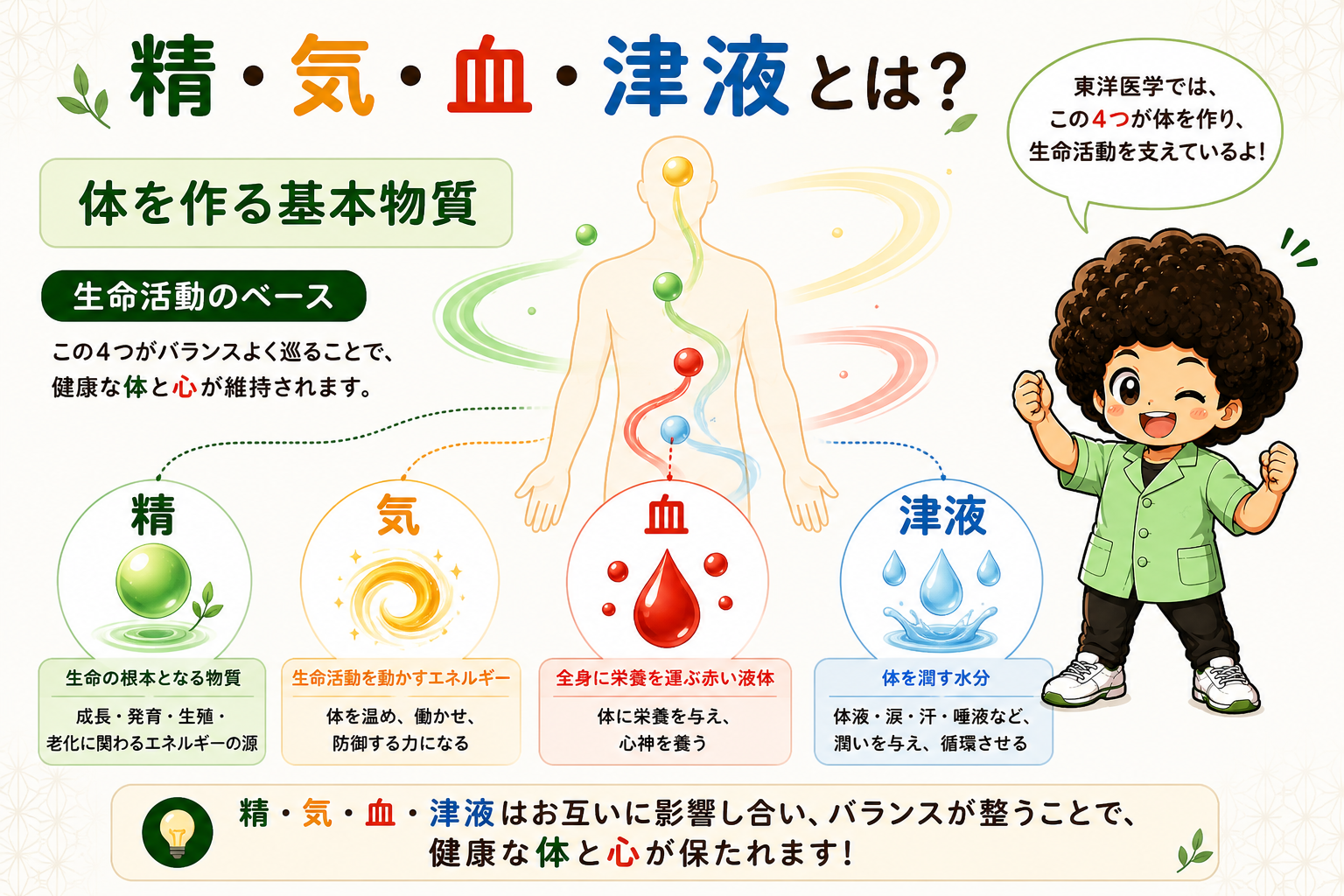 精の働き5つ：成長発育・生殖・気血の源・臓腑の滋養・神を支える