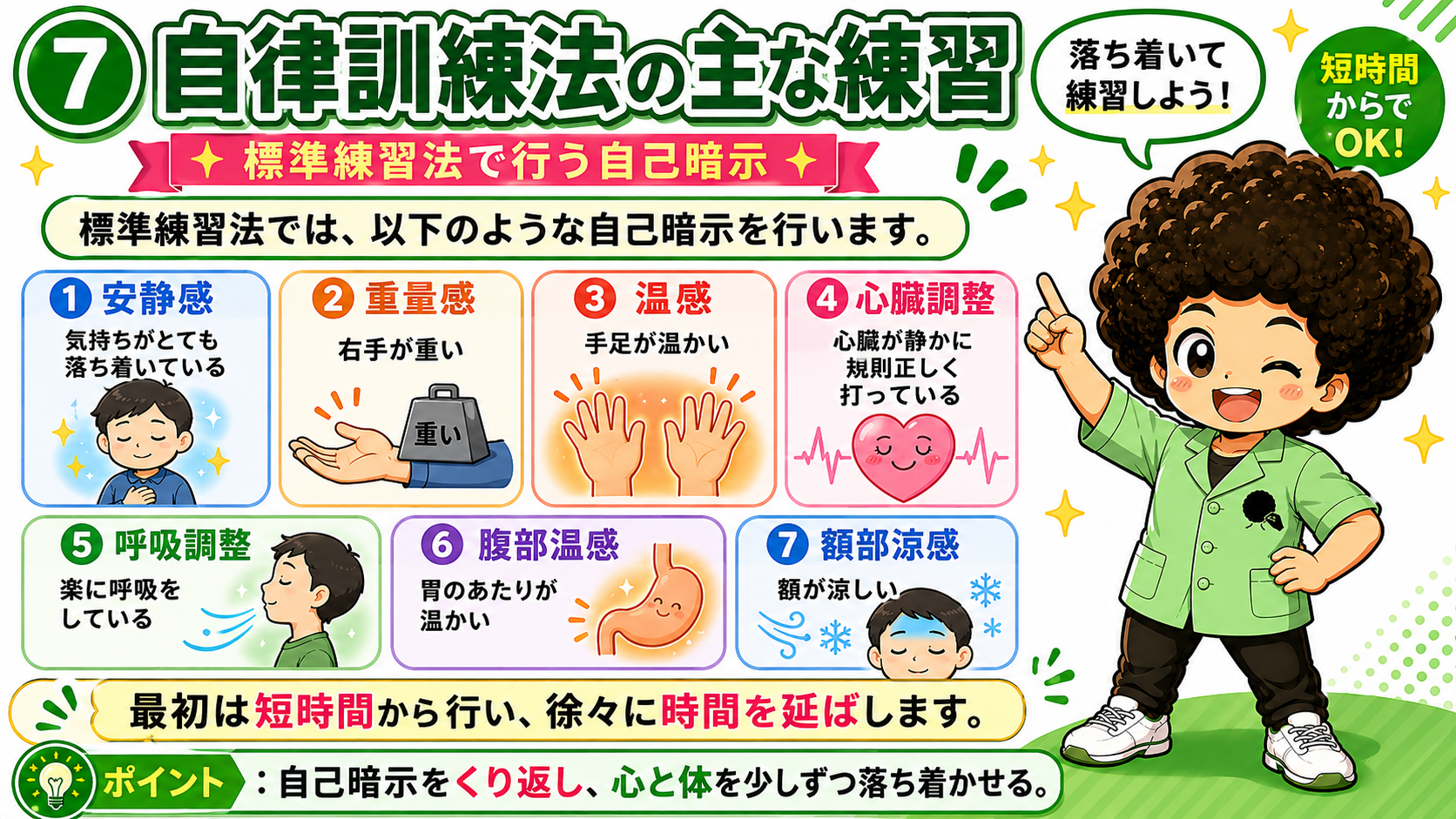 自律訓練法の標準練習法（安静感・重量感・温感・心臓・呼吸・腹部温感・額部涼感）