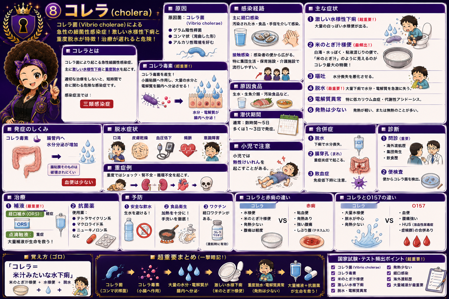 コレラ：コレラ毒素による米のとぎ汁様便・重度脱水