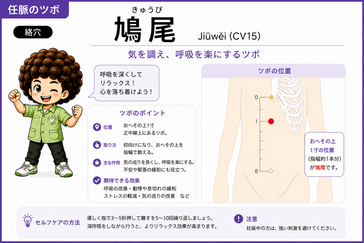 鳩尾（CV15）は任脈の絡穴。気を調え呼吸を楽にする