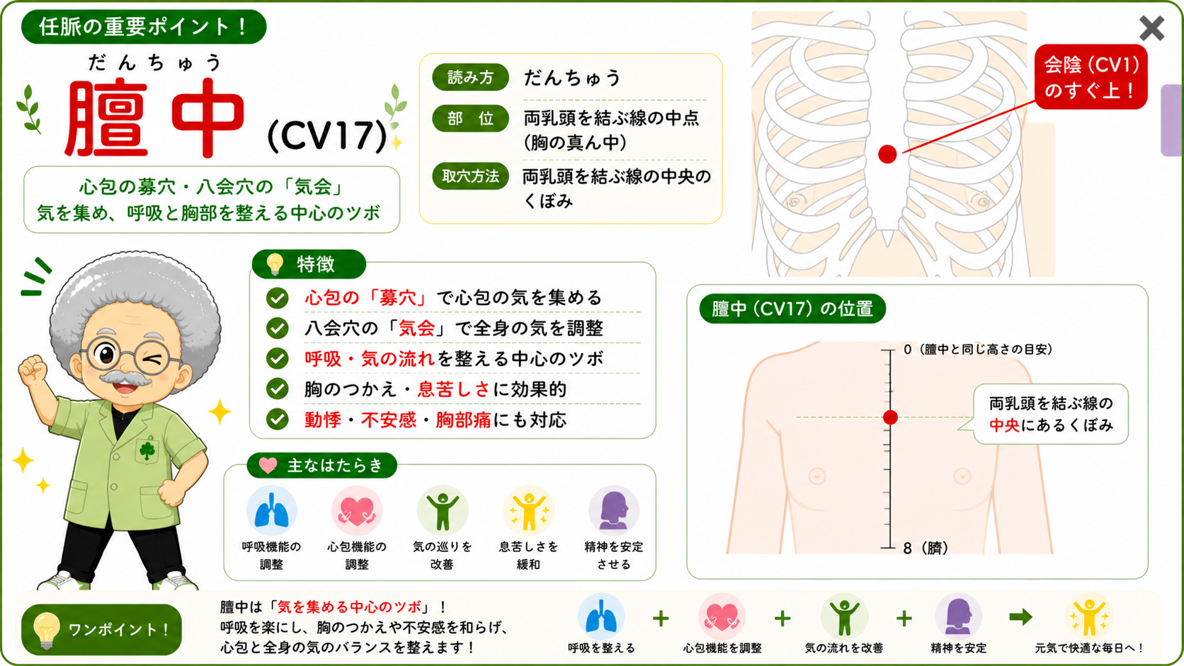 膻中（CV17）＝両乳頭を結ぶ線の中点。心包の募穴・八会穴の気会
