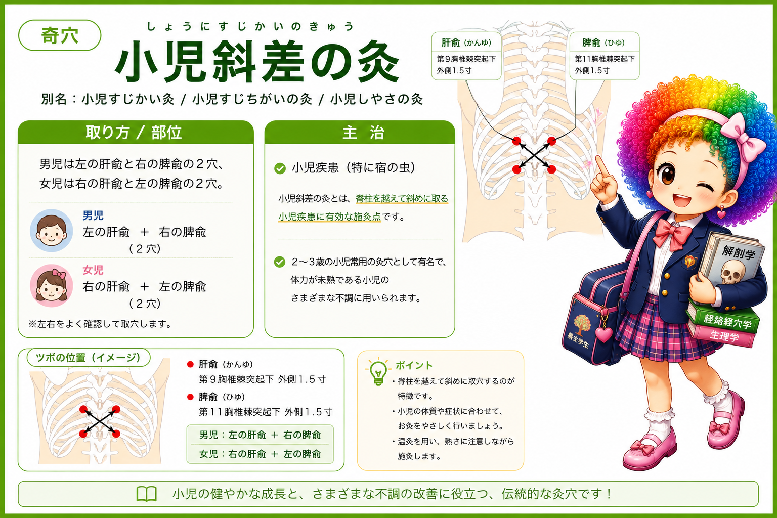 小児斜差の灸＝男児は左の肝兪＋右の脾兪、女児は右の肝兪＋左の脾兪。脊柱を越えて斜めに取穴する