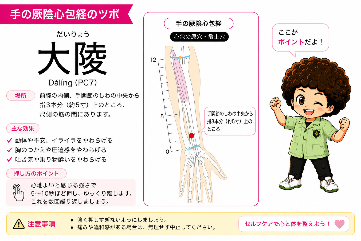 大陵（PC7・心包の原穴・兪土穴）－ 手関節のしわの中央付近、尺側の筋の間（図の目盛り0付近）