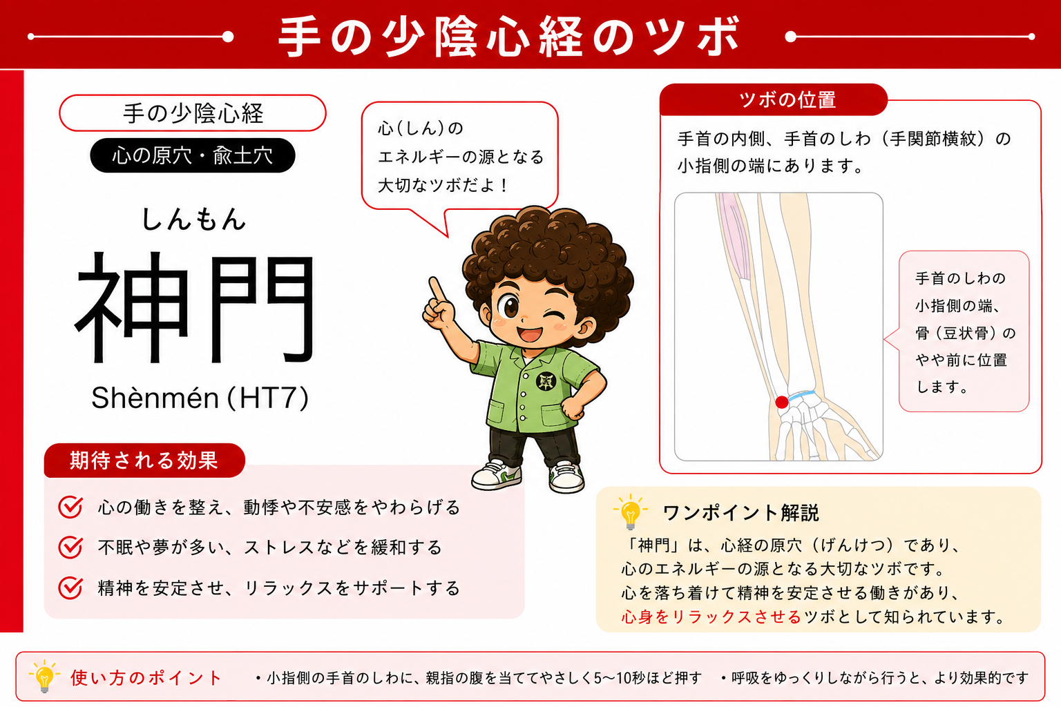 神門（HT7）：手関節横紋の小指側の端、豆状骨のやや前