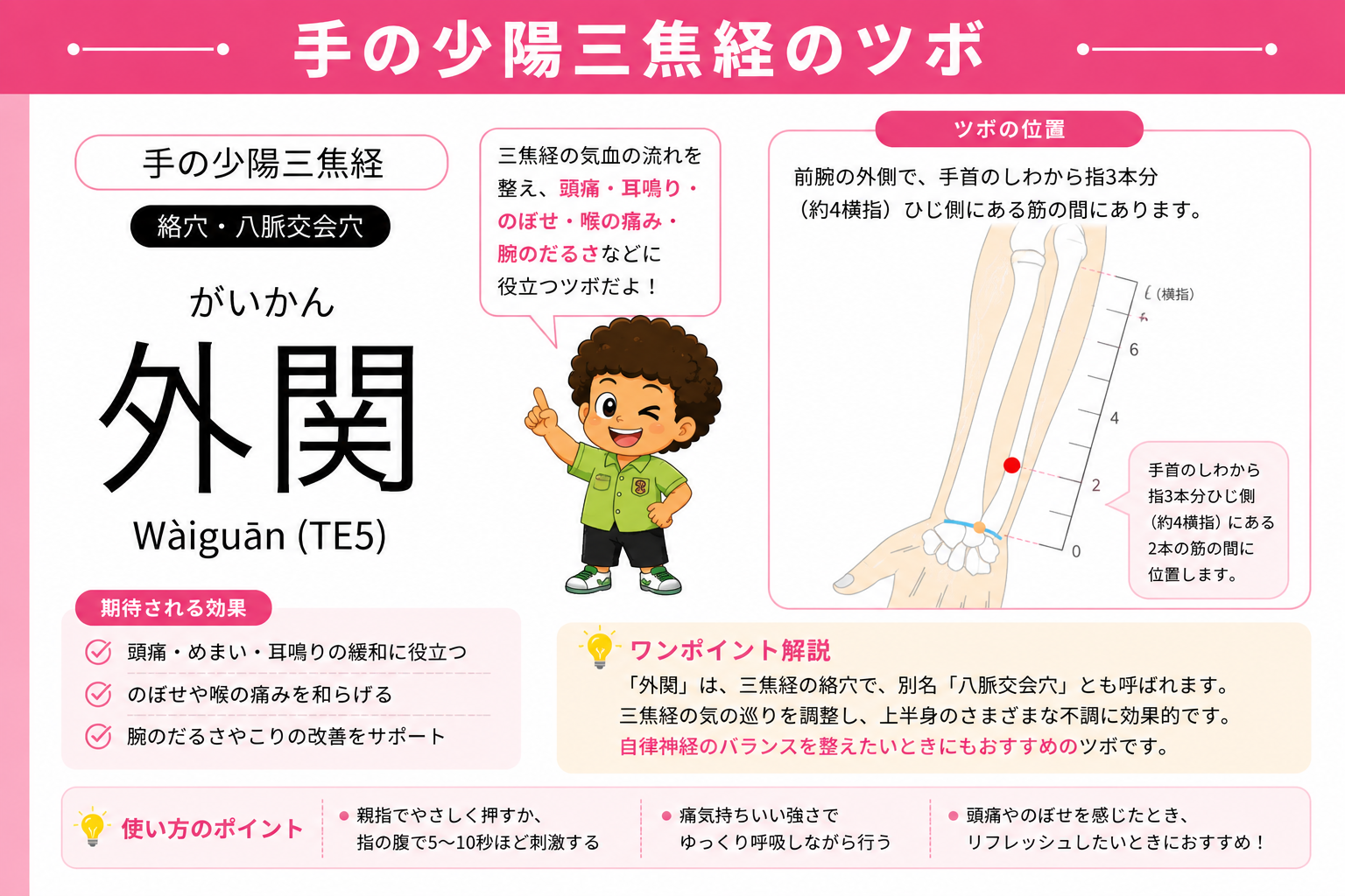 外関（TE5）は手首のしわから指3本分ひじ側、2本の筋の間にある絡穴・八脈交会穴