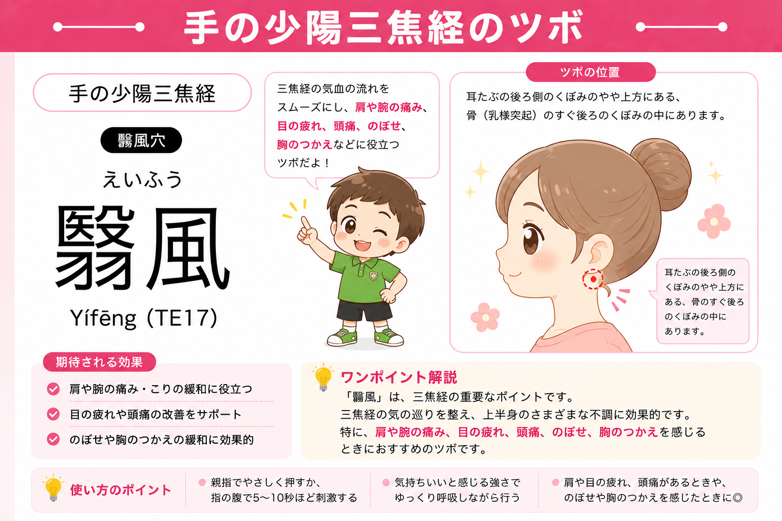 翳風（TE17）は耳たぶの後ろ側のくぼみのやや上方、乳様突起のすぐ後ろのくぼみの中