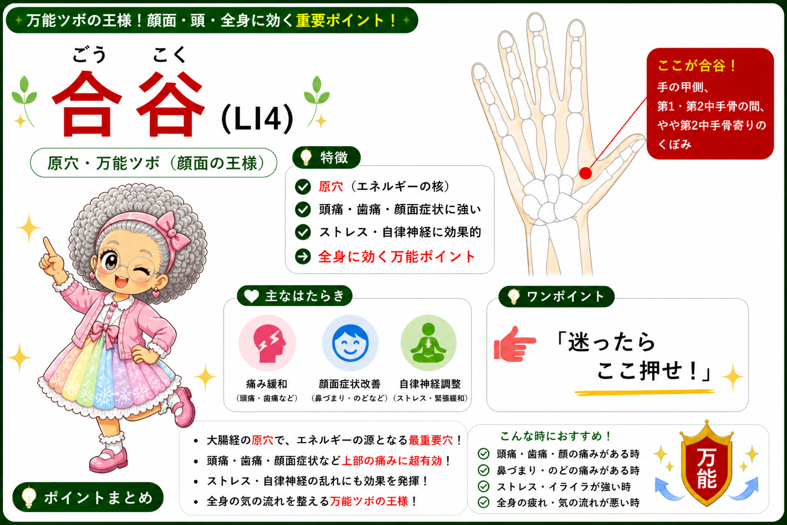 合谷（LI4）＝大腸経の原穴。「迷ったらここ押せ！」と呼ばれる万能ツボの王様