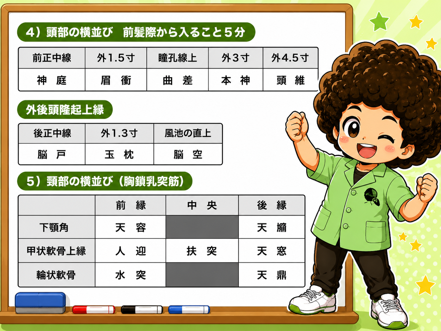 頭部の横並び（前髪際から入ること5分）、外後頭隆起上縁の横並び、頸部の横並び（胸鎖乳突筋）の3表。