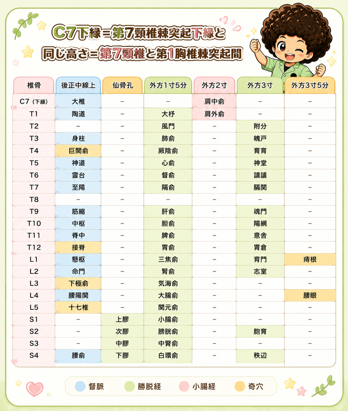 背部の横並び（椎骨の高さ別 経穴一覧）