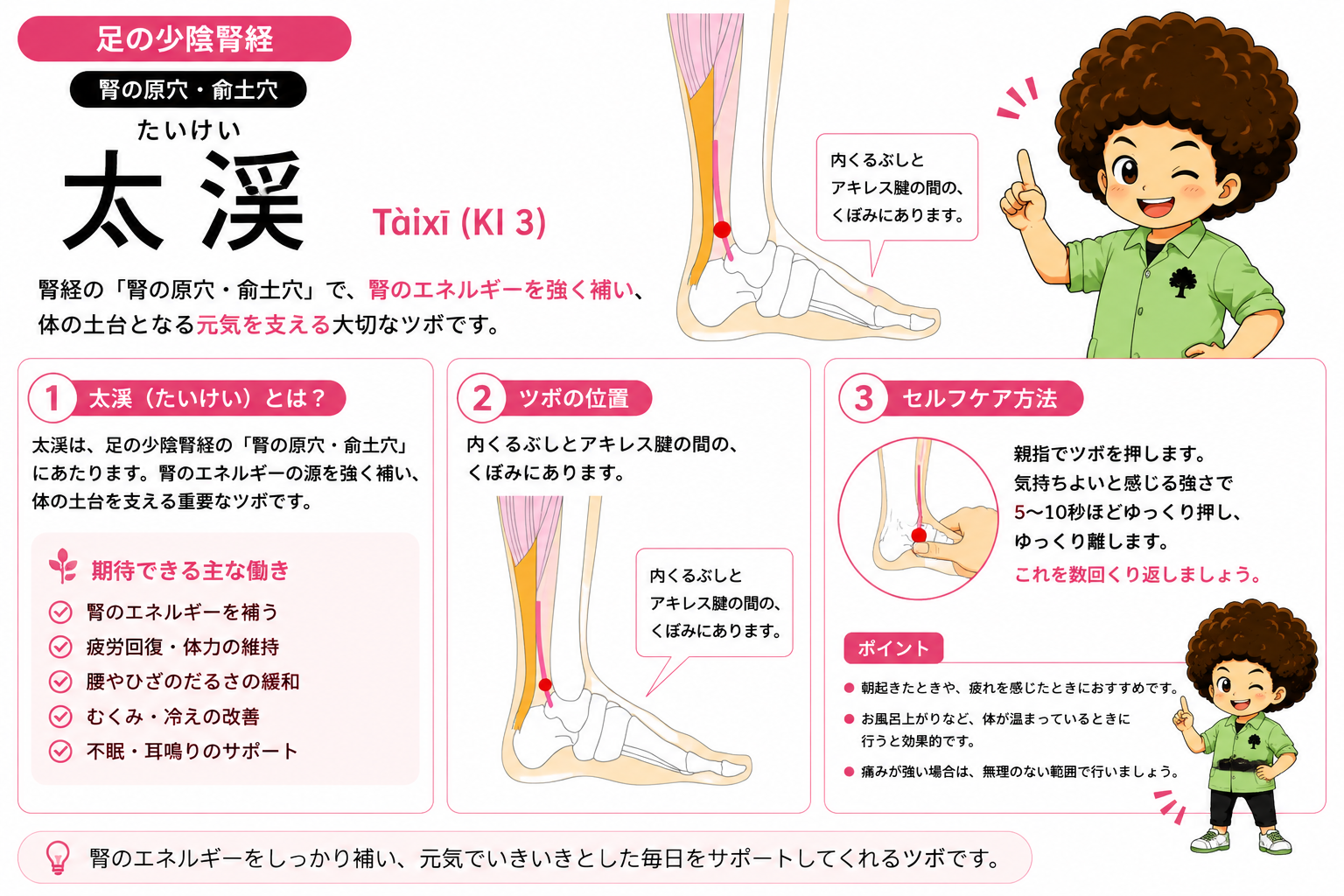 太渓（KI3）は腎の原穴・兪土穴。内くるぶしとアキレス腱の間のくぼみ