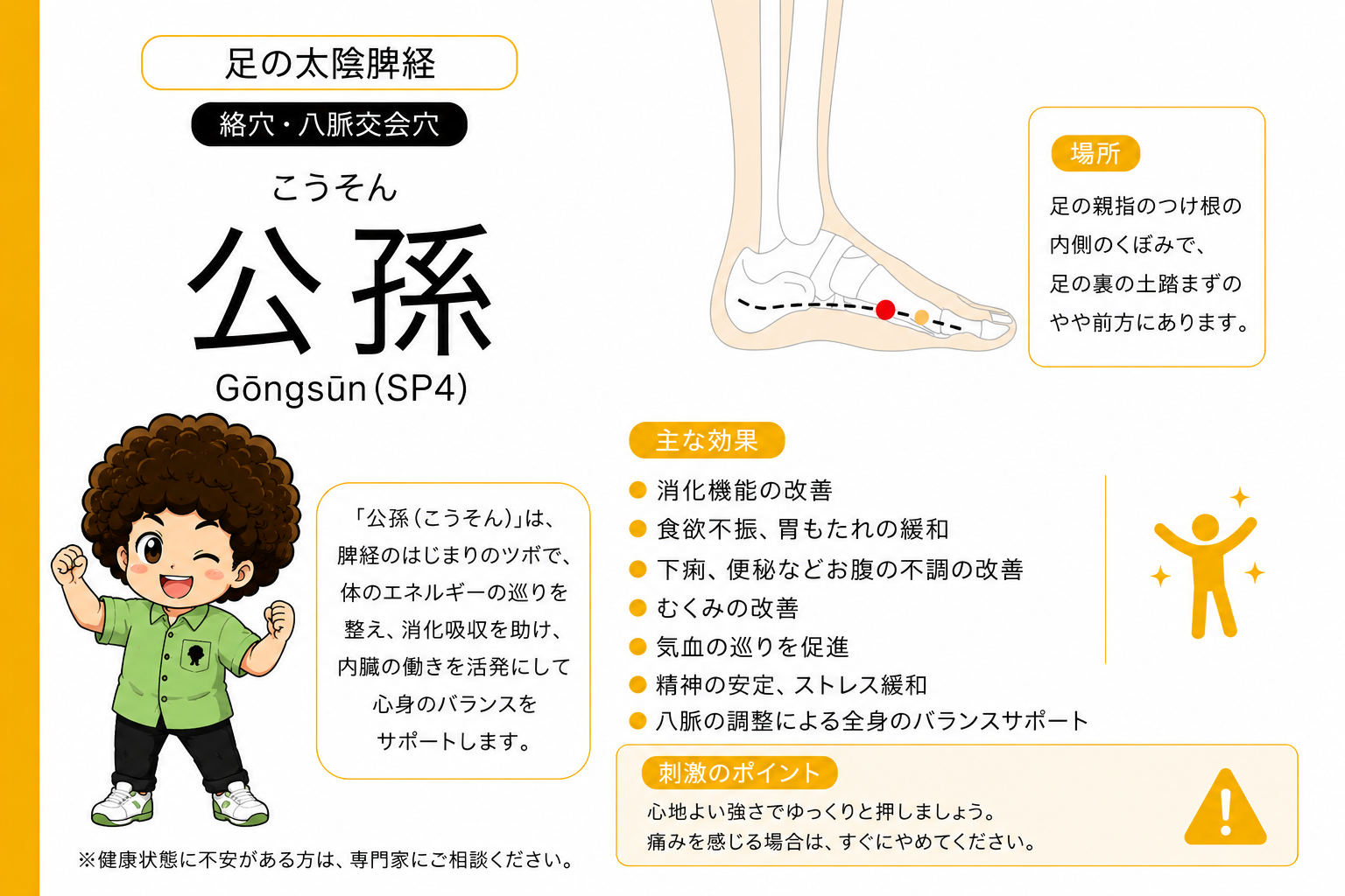 公孫（SP4）は絡穴・八脈交会穴。足の親指のつけ根の内側のくぼみ、土踏まずのやや前方。