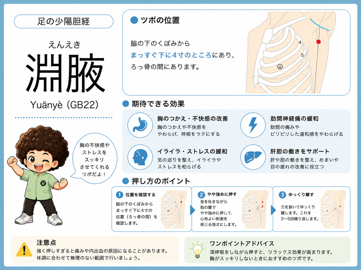 淵腋（GB22）— 脇の下のくぼみからまっすぐ下に4寸、ろっ骨の間