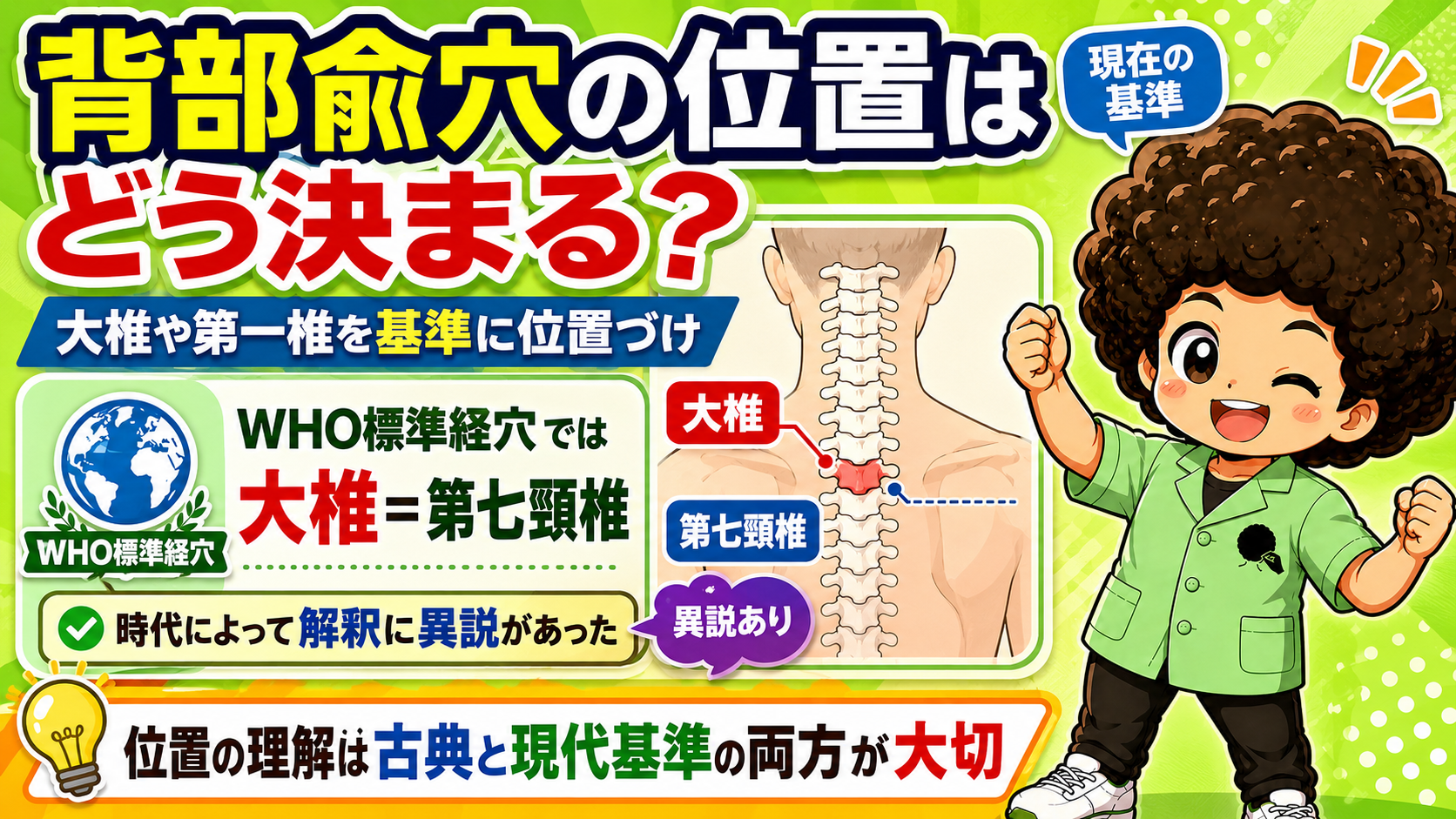 WHO標準経穴では大椎＝第七頸椎。位置の理解は古典と現代基準の両方が大切
