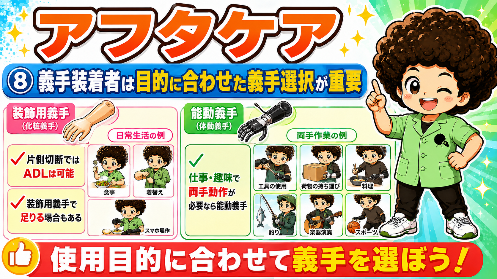 装飾用義手と能動義手。両手動作が必要かどうかで選択が変わる