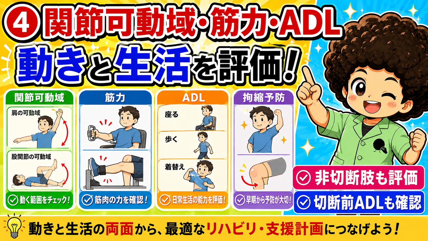 関節可動域・筋力・ADLを評価し、早期から拘縮を予防する