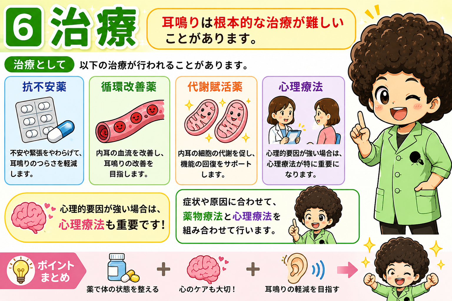 薬物療法（抗不安薬・循環改善薬・代謝賦活薬）と心理療法を組み合わせる