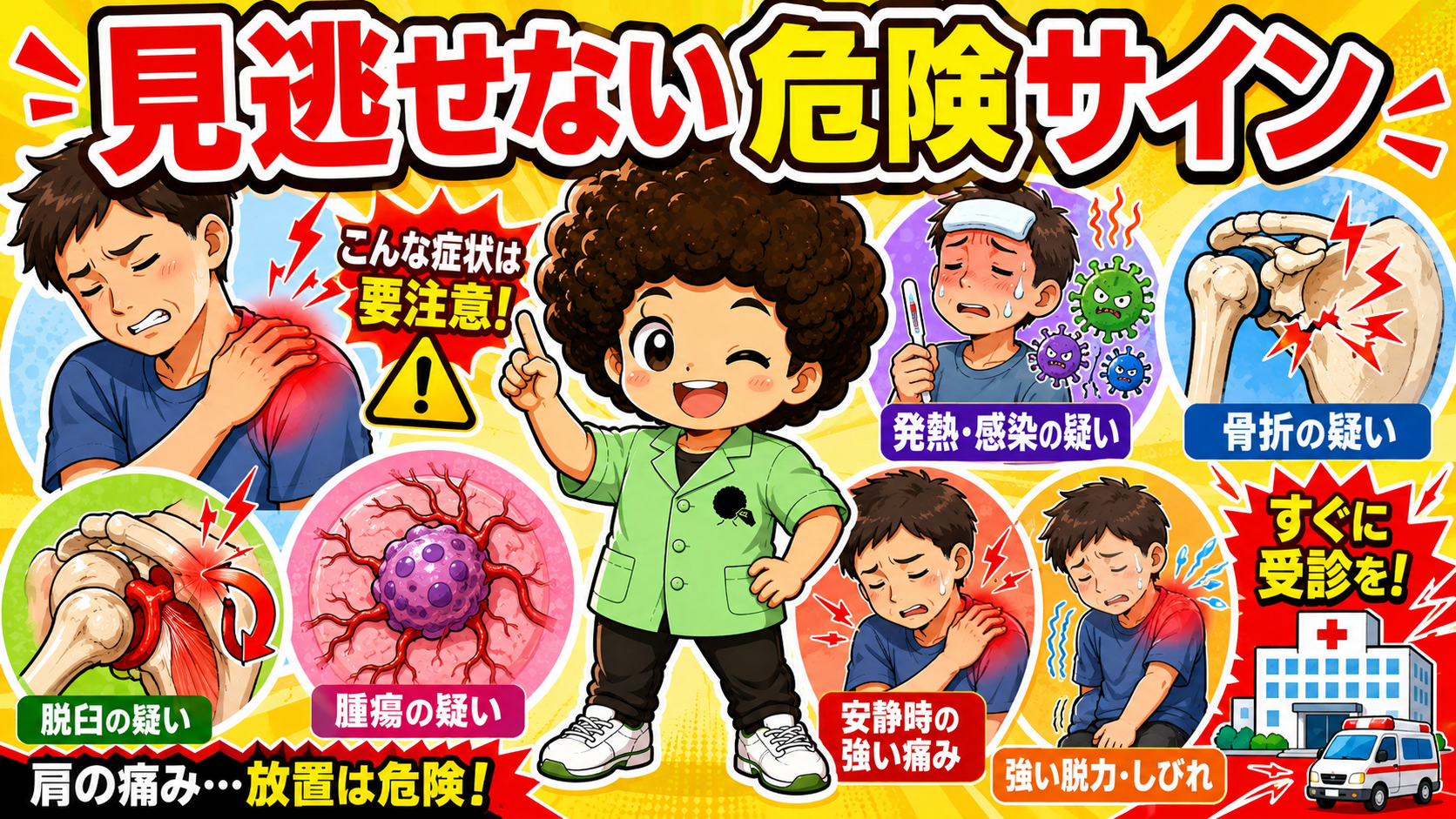 発熱・骨折・脱臼・腫瘍の疑い、安静時痛、強い脱力・しびれは即受診