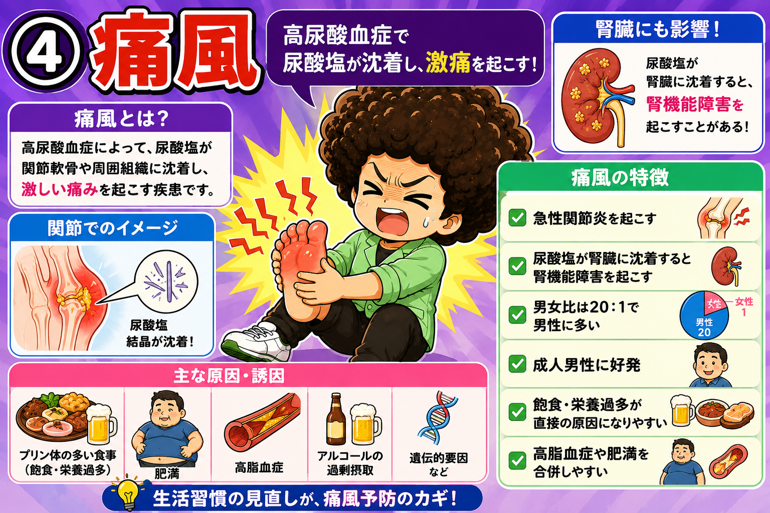 痛風。男女比20:1、成人男性に好発。腎臓への沈着で腎機能障害も