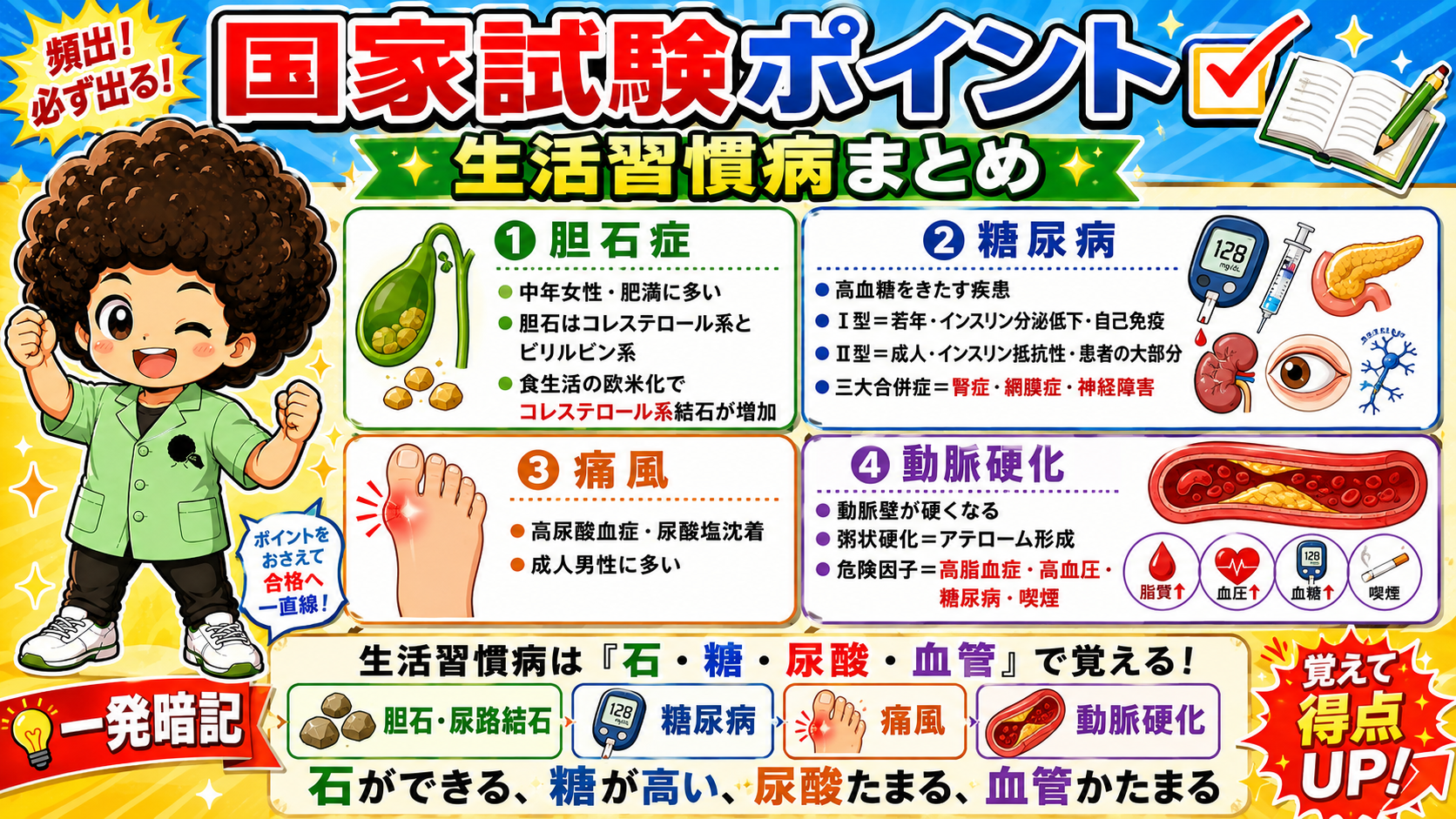 生活習慣病まとめ。石・糖・尿酸・血管の4本柱で暗記する