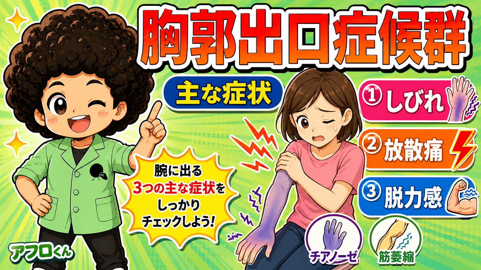主症状はしびれ・放散痛・脱力感の3つ。チアノーゼや筋萎縮を伴うこともある