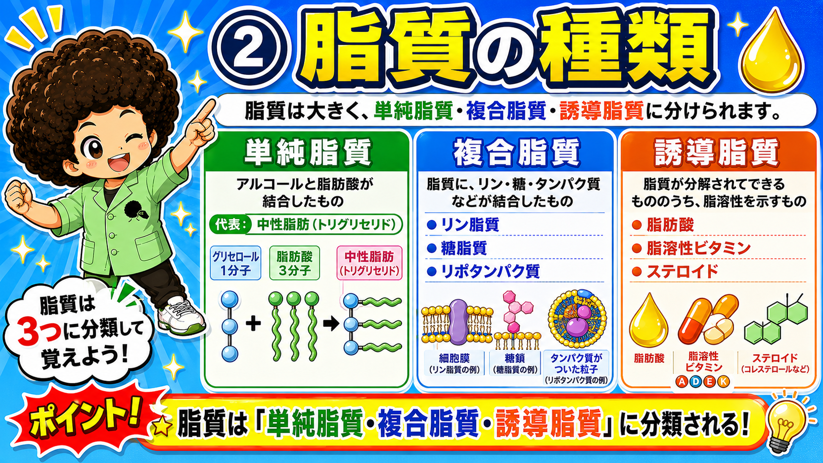 脂質は単純脂質・複合脂質・誘導脂質に分類される