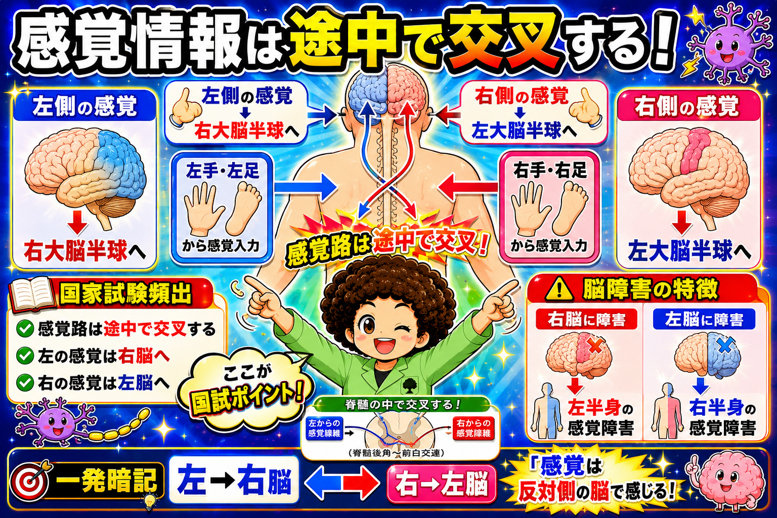 感覚は反対側の脳で感じる（左→右脳、右→左脳）