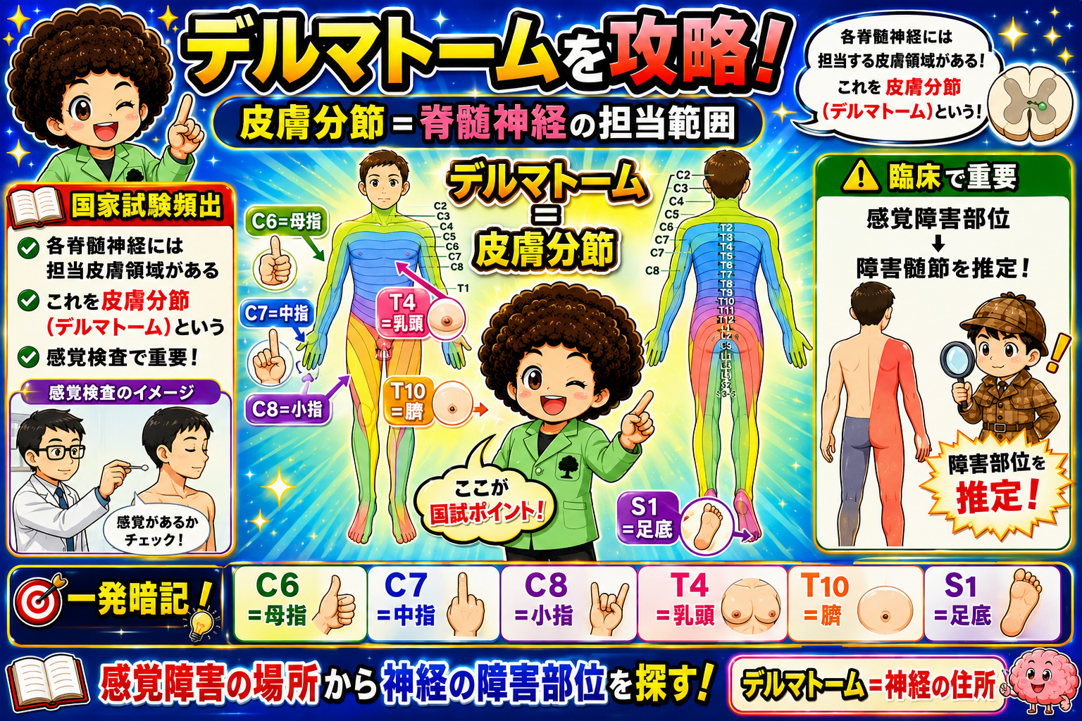 デルマトーム＝神経の住所。C6母指・T4乳頭・T10臍・S1足底
