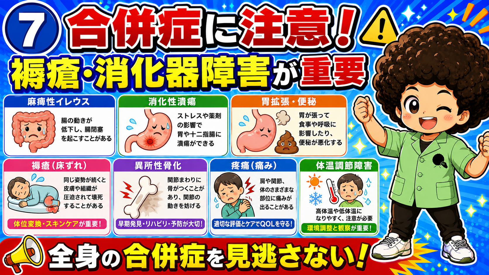 褥瘡・消化器障害など全身の合併症に注意