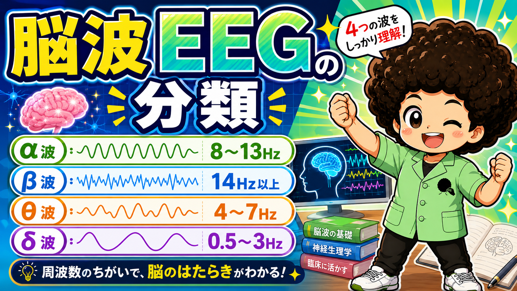 脳波の分類：α波8〜13Hz、β波14Hz以上、θ波4〜7Hz、δ波0.5〜3Hz