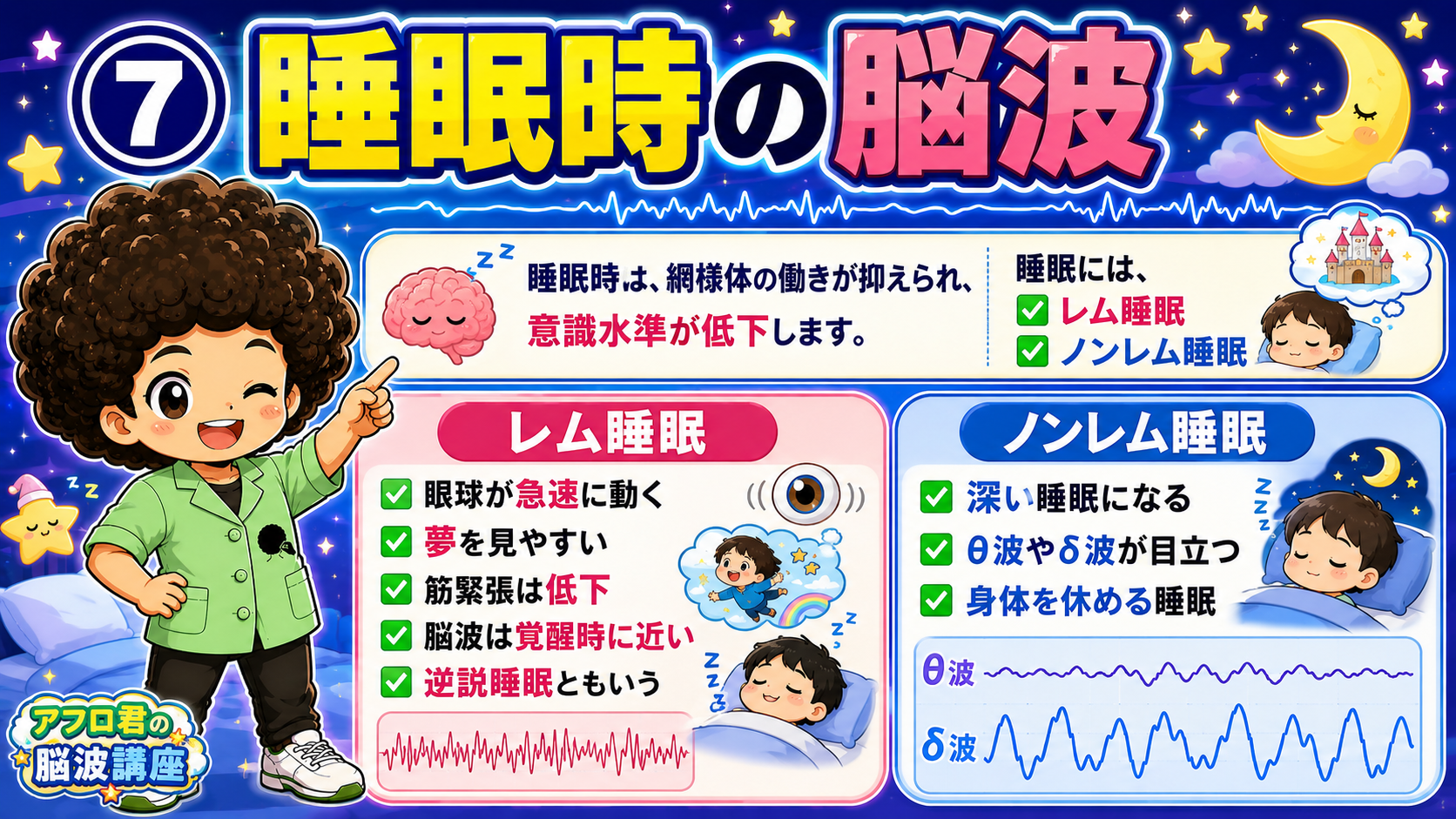 睡眠時の脳波：レム睡眠は覚醒時に近い脳波＝逆説睡眠、ノンレム睡眠はθ波・δ波が目立つ