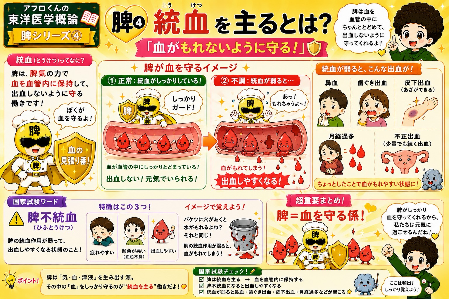 統血のイメージ：脾＝血の見張り番。弱ると鼻血・歯ぐき出血・皮下出血・月経過多など
